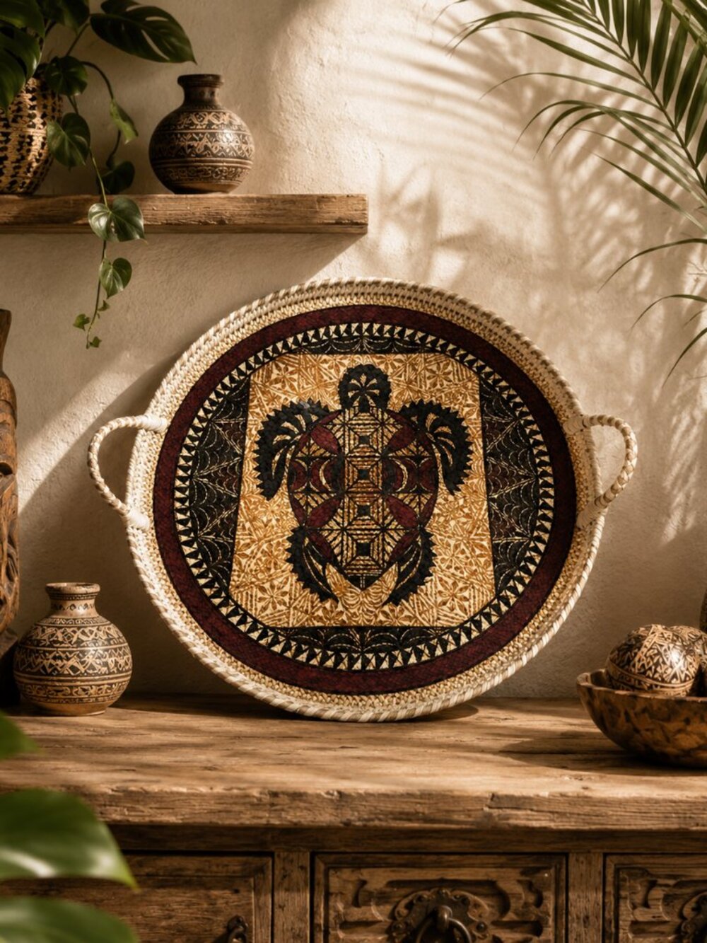 Vintage Oversized Handwoven Tribal Sea Turtle Hand Painted Oversized Tray